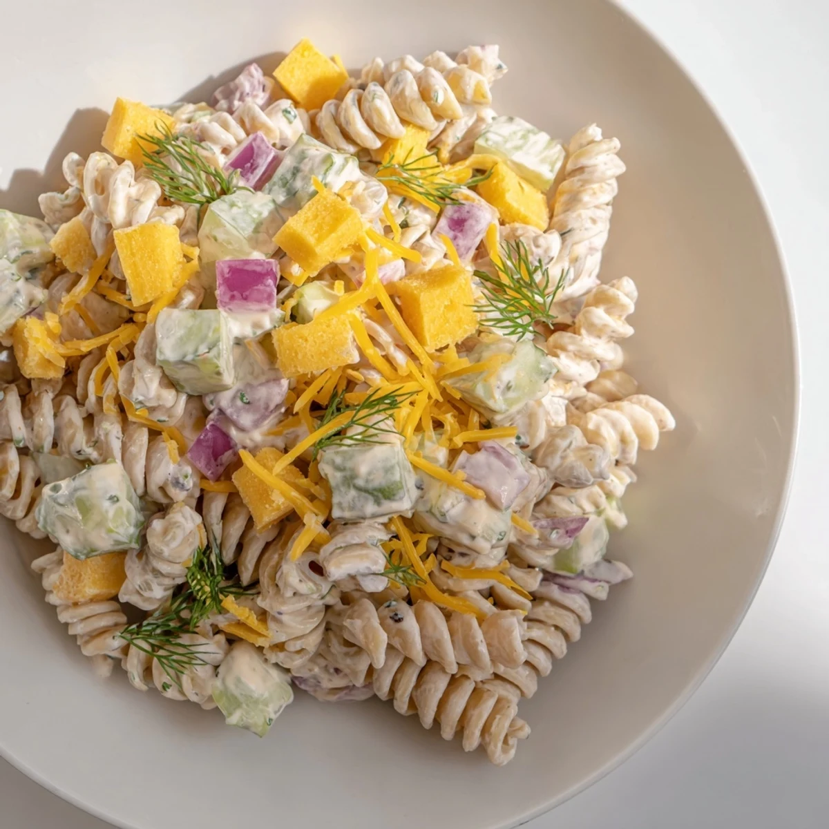 Vibrant Dill Pickle Pasta Salad: a colorful mix of dill pickles, herbs, and tasty rotini.