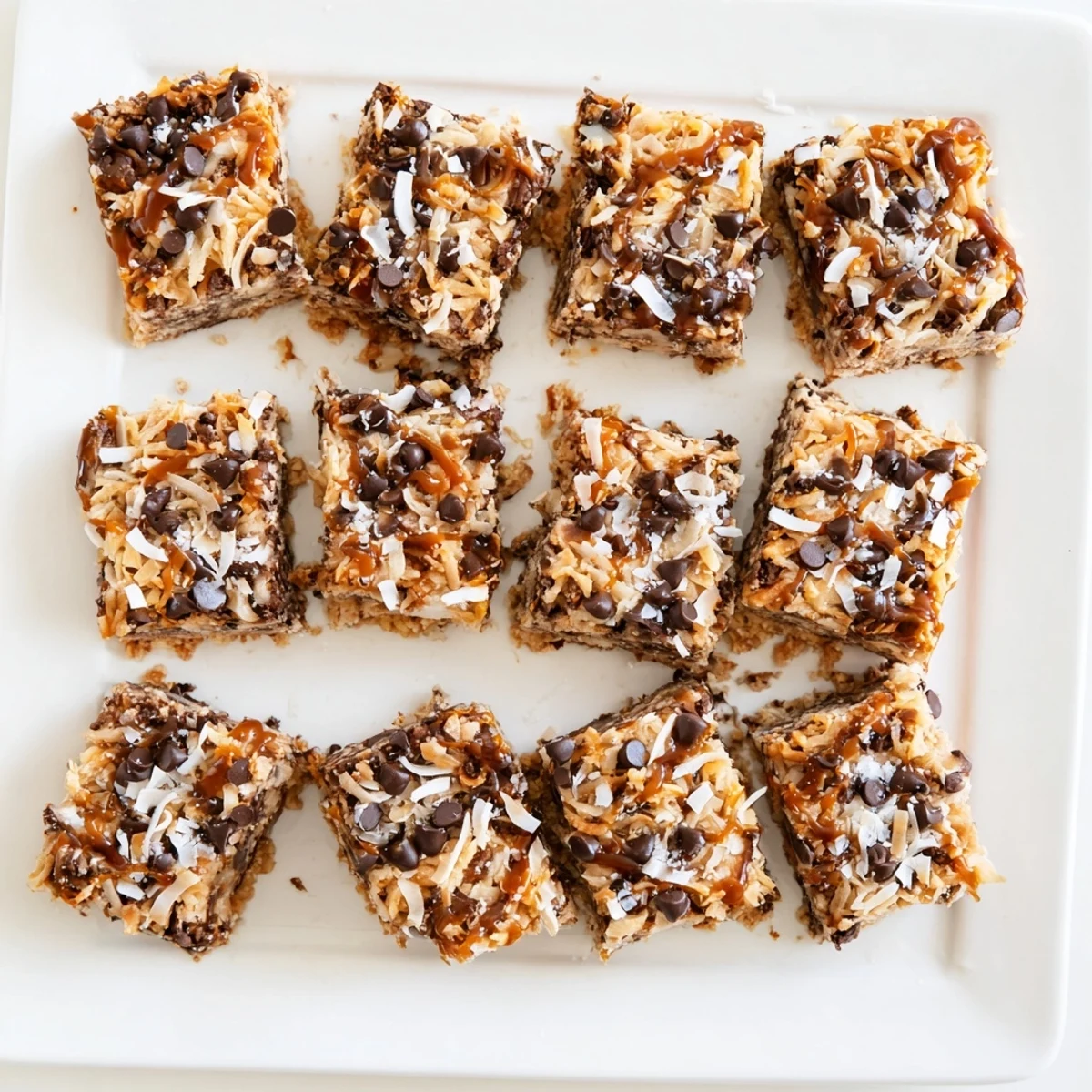 Golden, gooey 7-Layer Magic Bars topped with sea salt caramel, a perfect dessert.