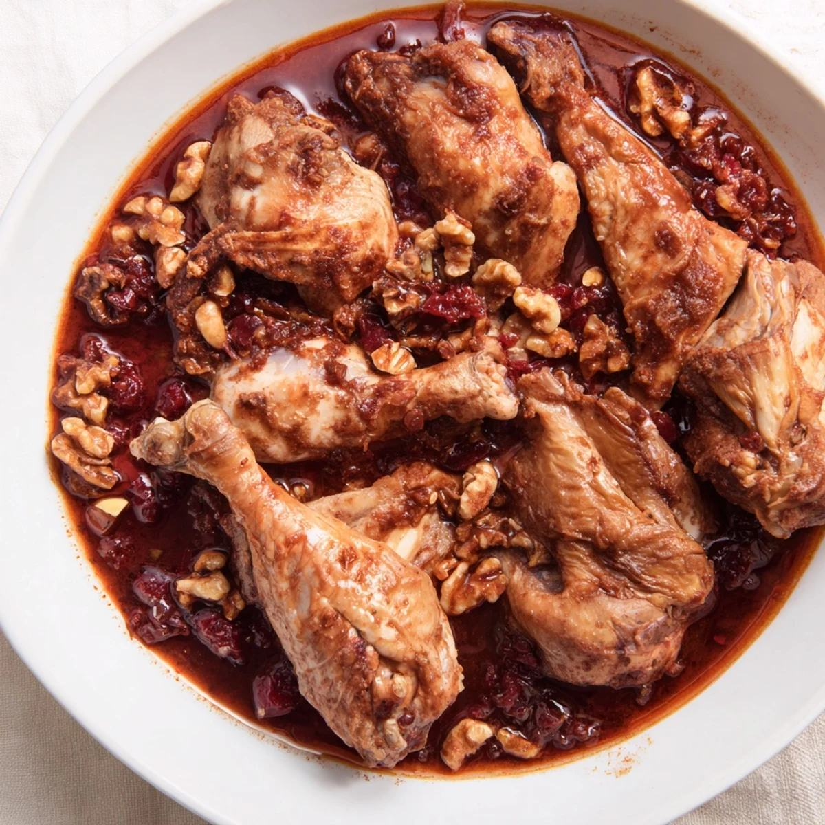 A hearty plate of Budget Fesenjan Stew; the chicken is tender, sauce rich and tangy.
