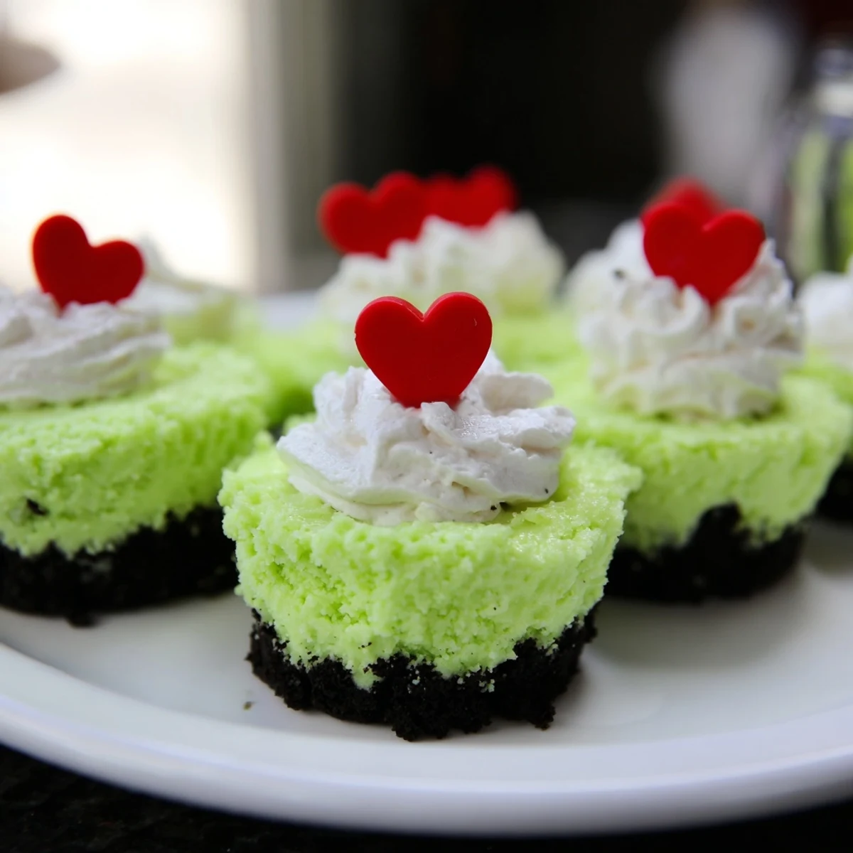 Bright green Grinch mini cheesecakes, topped with whipped cream and red heart sprinkles, ready to serve.