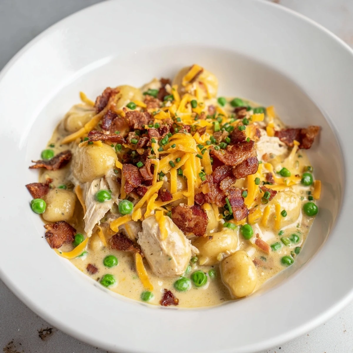 Served in a bowl: a close-up of cheesy Creamy Crack Chicken Gnocchi, fragrant and utterly delicious.