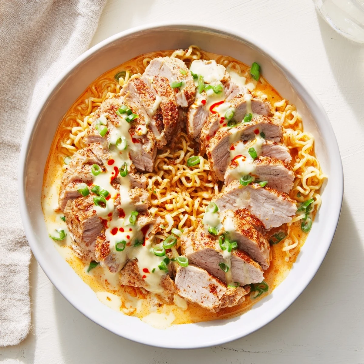 A close-up of a richly flavored Fiery Chicken Ramen, with garlic sauce drizzled over springy noodles.