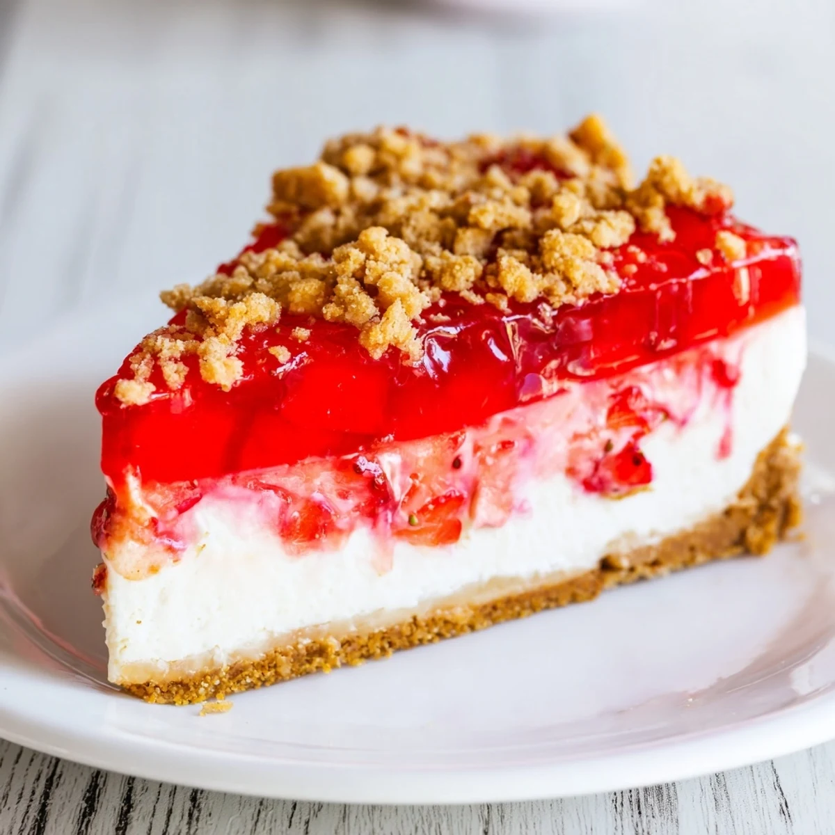 A beautiful slice of Strawberry Shortcake Cheesecake with layers of creamy textures and fresh berries.