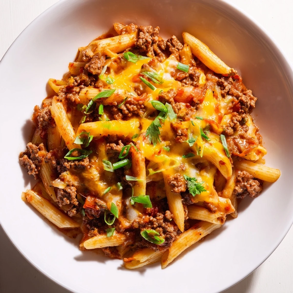 Easy Beef Enchilada Pasta, a one-pot meal, featuring melted cheese and a savory ground beef sauce.