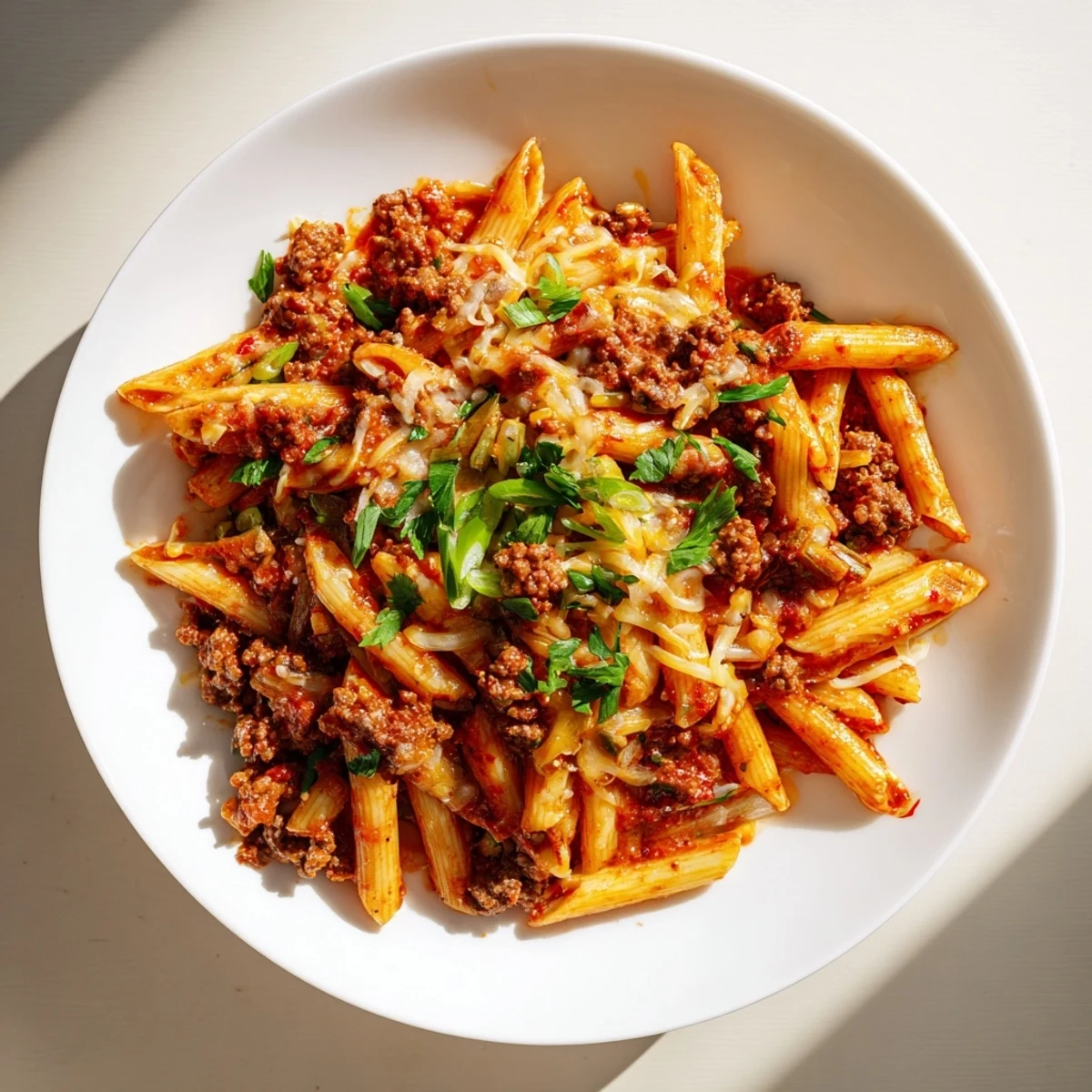 Close-up of Easy Beef Enchilada Pasta, showcasing the creamy cheese topping and vibrant sauce.