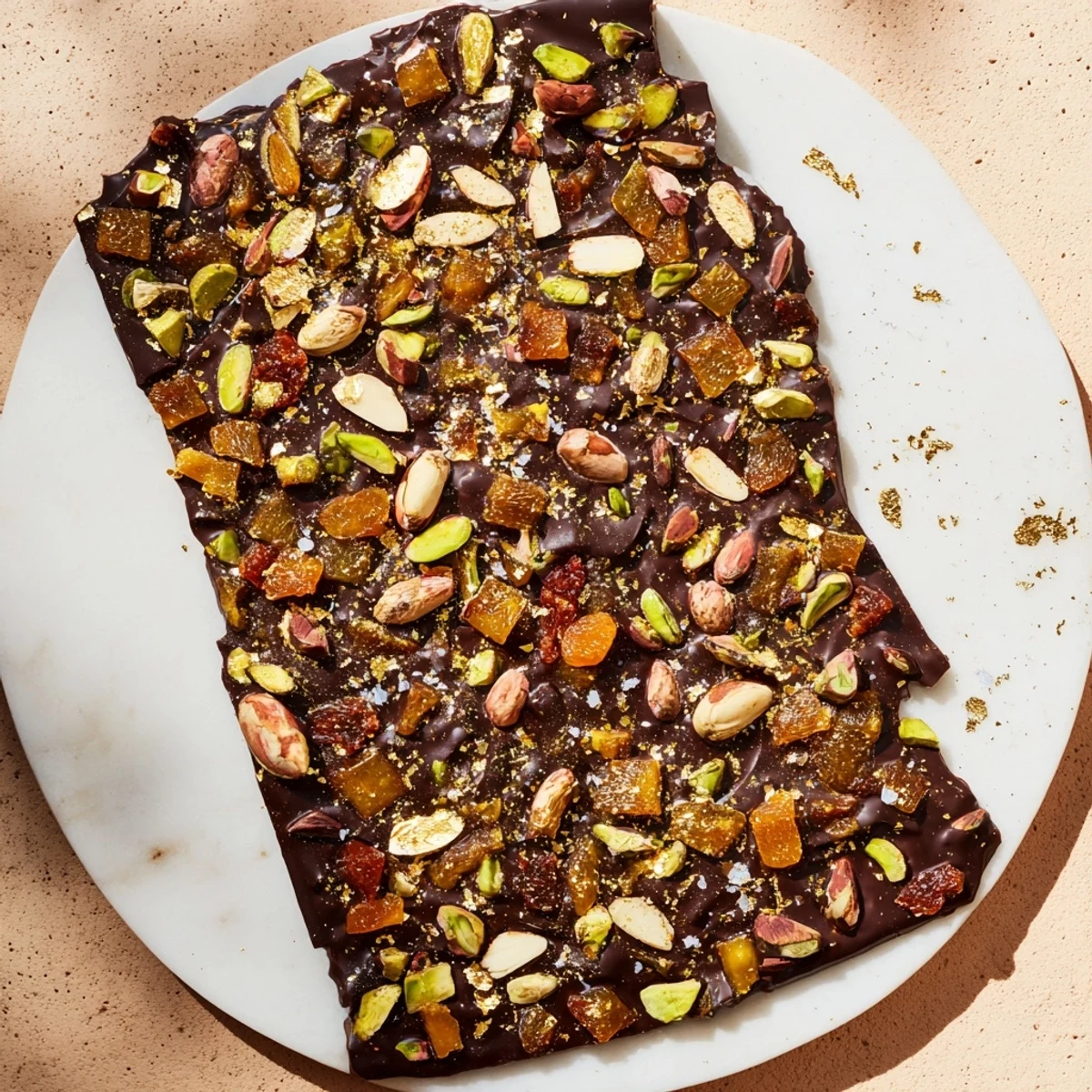 Vibrant Dubai Chocolate Bark with chopped nuts, dried fruit, and a sprinkle of sea salt.