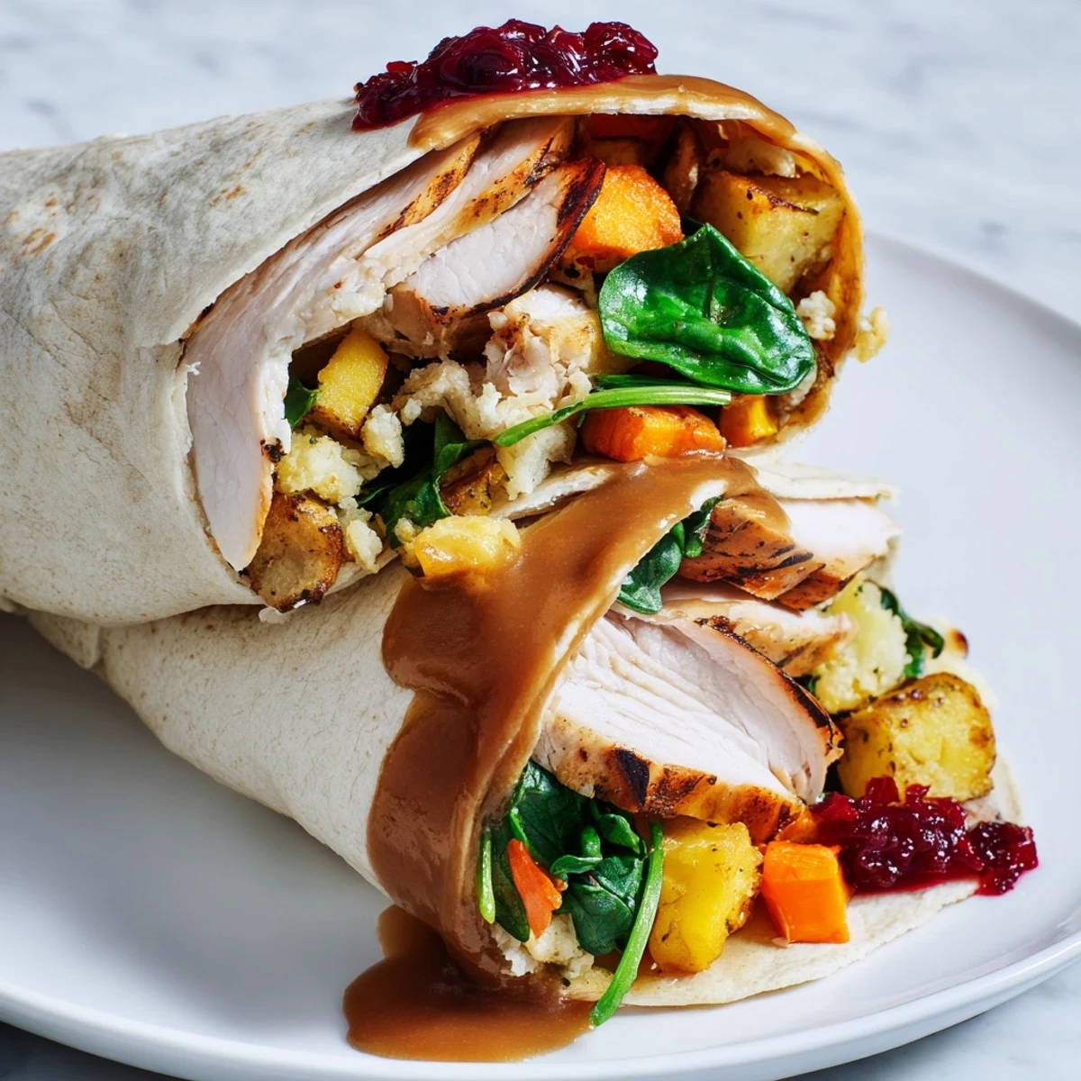 Hearty Simple Christmas Leftover Wraps, showing golden-brown tortilla filled with colorful, savory ingredients.