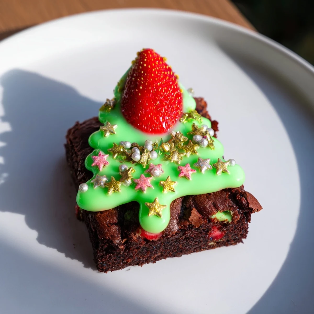 Fudgy Express Christmas Tree Brownie Hats, festively decorated and ready to enjoy at your holiday party.
