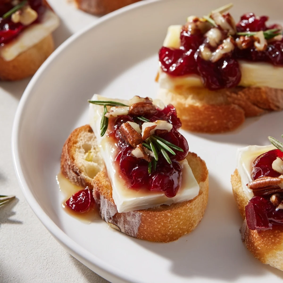 Warm and melty Brie rests on toasted baguette, a delightful Quick Cranberry Brie Crostini perfectly prepared for any party.