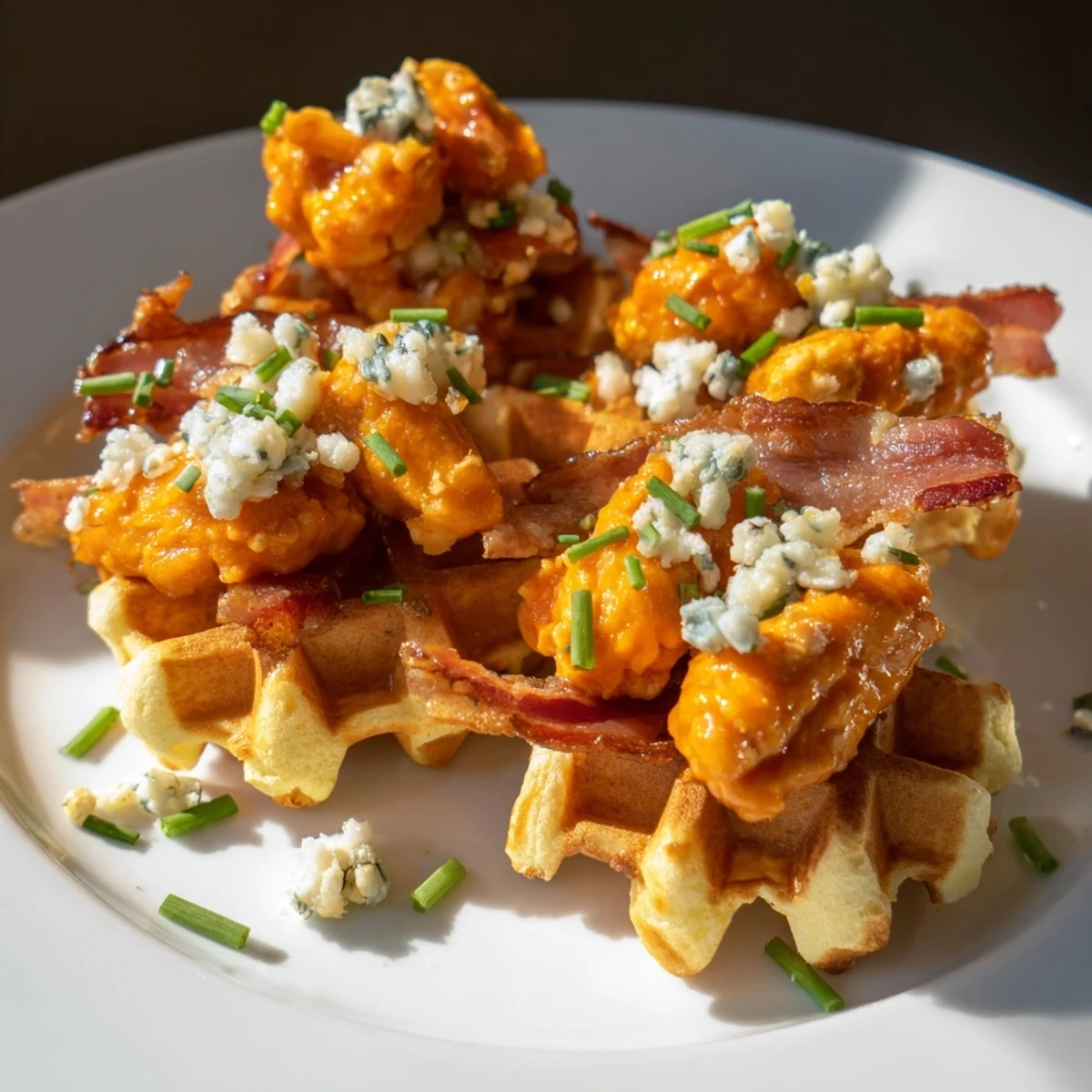 These savory Buffalo Chicken and Bacon Waffle Bites are stacked on a plate, ready to be enjoyed.