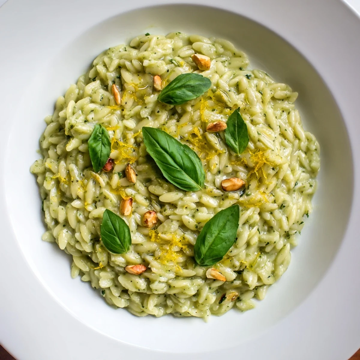 Bright green 15-Minute Creamy Pesto Risoni, garnished with pine nuts and fresh basil for serving.