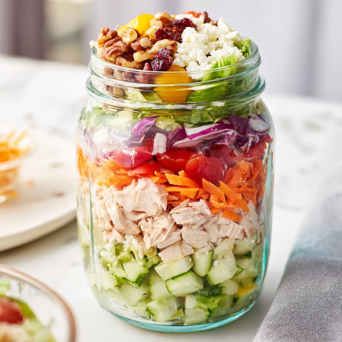Delicious Layered Holiday Chopped Chicken Salad Jar showcasing juicy chicken, fresh veggies, and a creamy dressing, ideal for a holiday lunch.