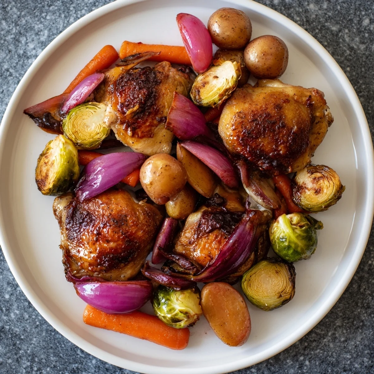 Juicy chicken thighs and colorful vegetables on a sheet pan, drizzled with sweet-tart cranberry vinaigrette.