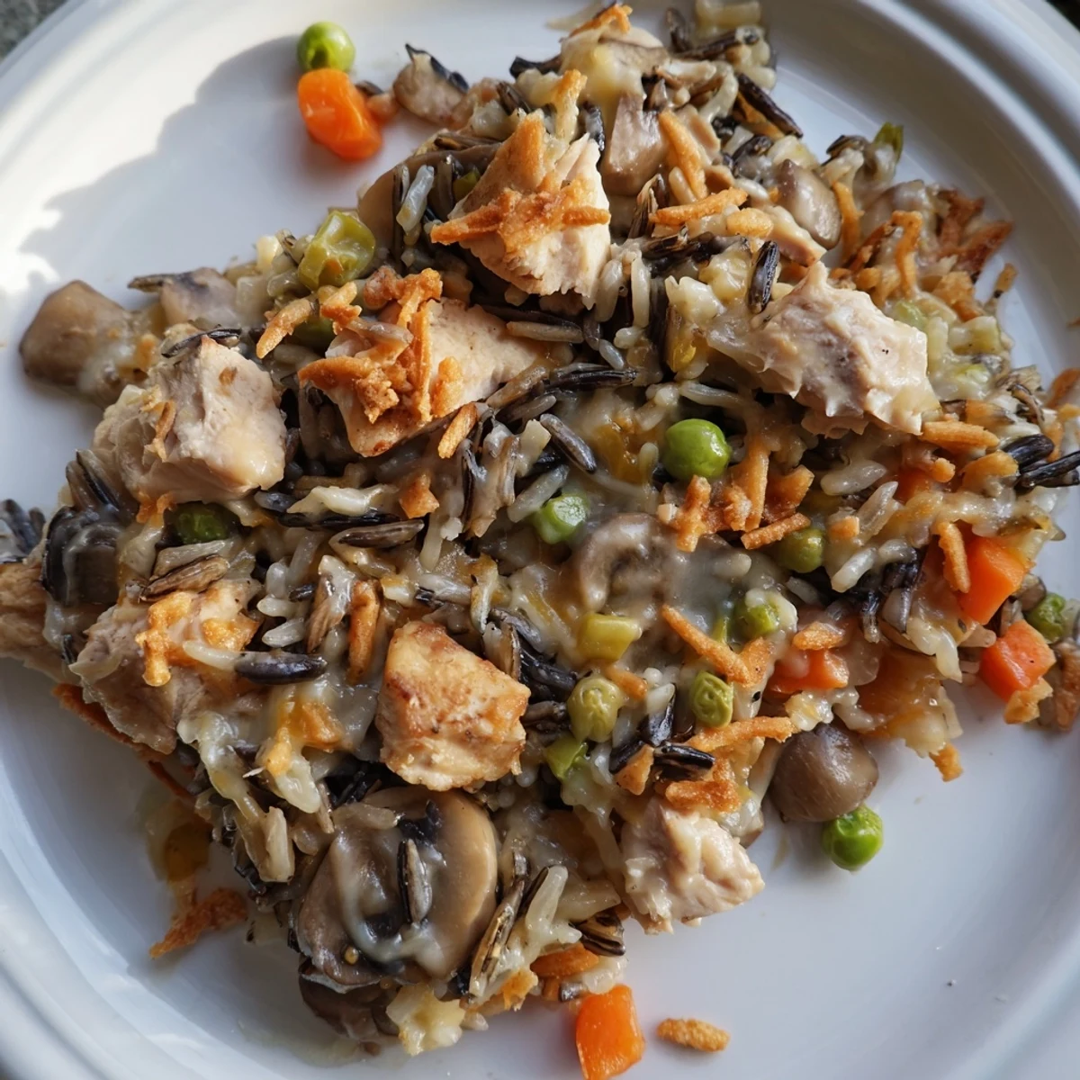 Creamy Chicken and Wild Rice Bake with melted cheese and crispy breadcrumb topping, a warm delight.