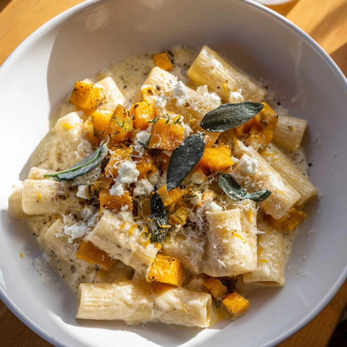 Golden roasted butternut squash and sage goat cheese pasta, ready for a comforting bite.