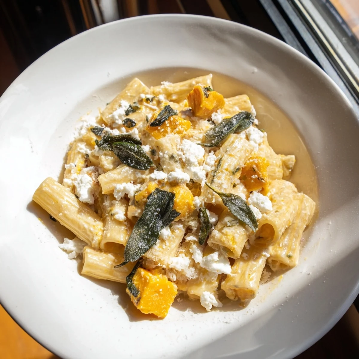 Creamy Roasted Butternut Squash and Sage Goat Cheese Pasta, garnished with crisp sage leaves.