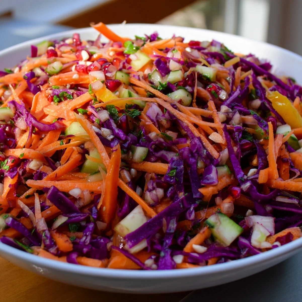 Fresh, crunchy Shirazi-Inspired Winter Slaw, tossed with herbs and bursting with bright flavors for serving.
