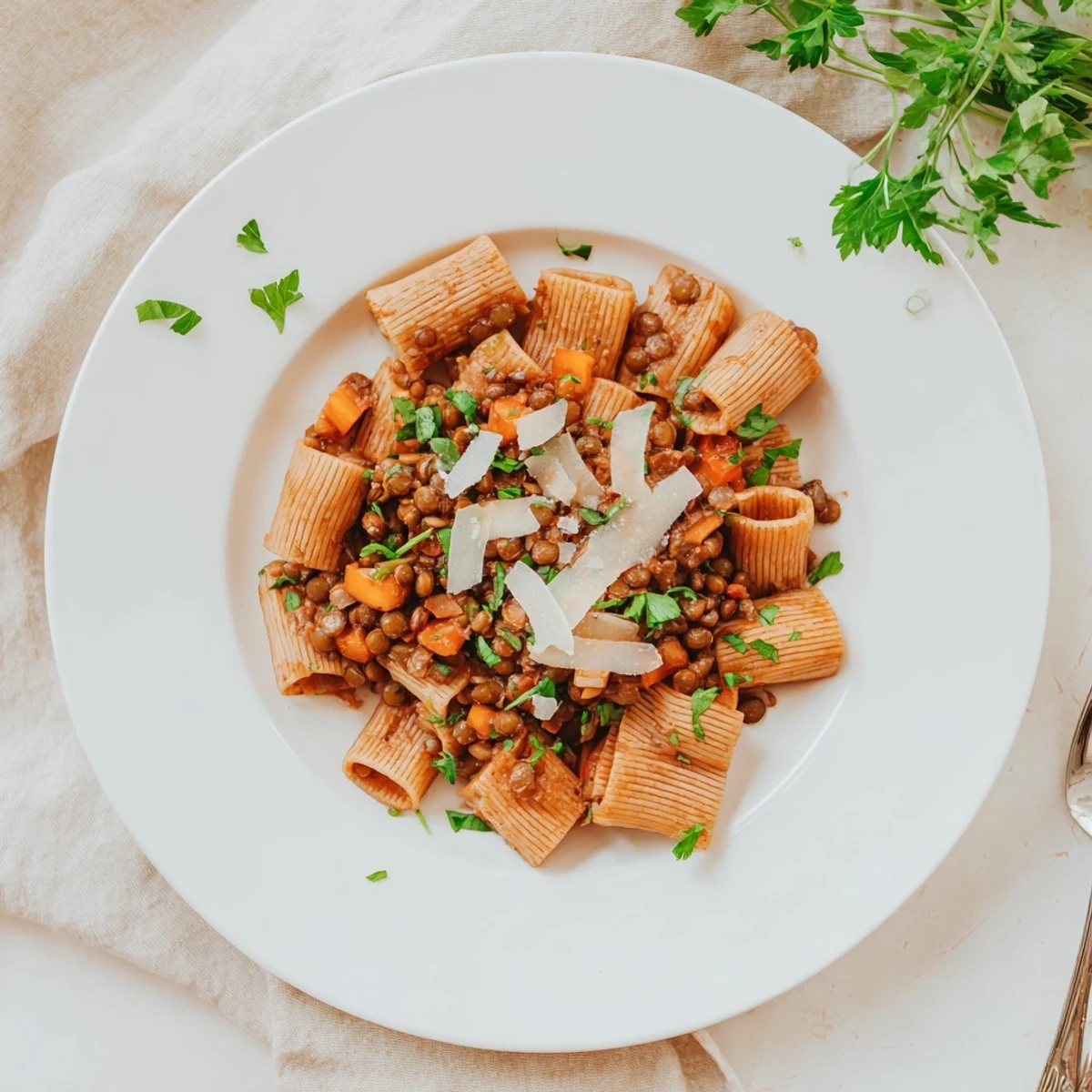 Steaming bowl of High-Fiber Lentil Bolognese, a hearty pasta dish with vibrant holiday garnishes.