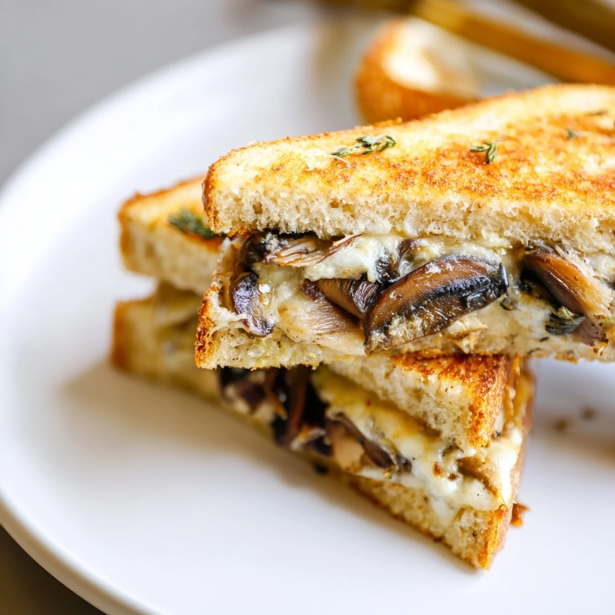 Golden, bubbly Roast Garlic Mushroom & Thyme Grilled Cheese, oozing with melted Gruyère and mozzarella.
