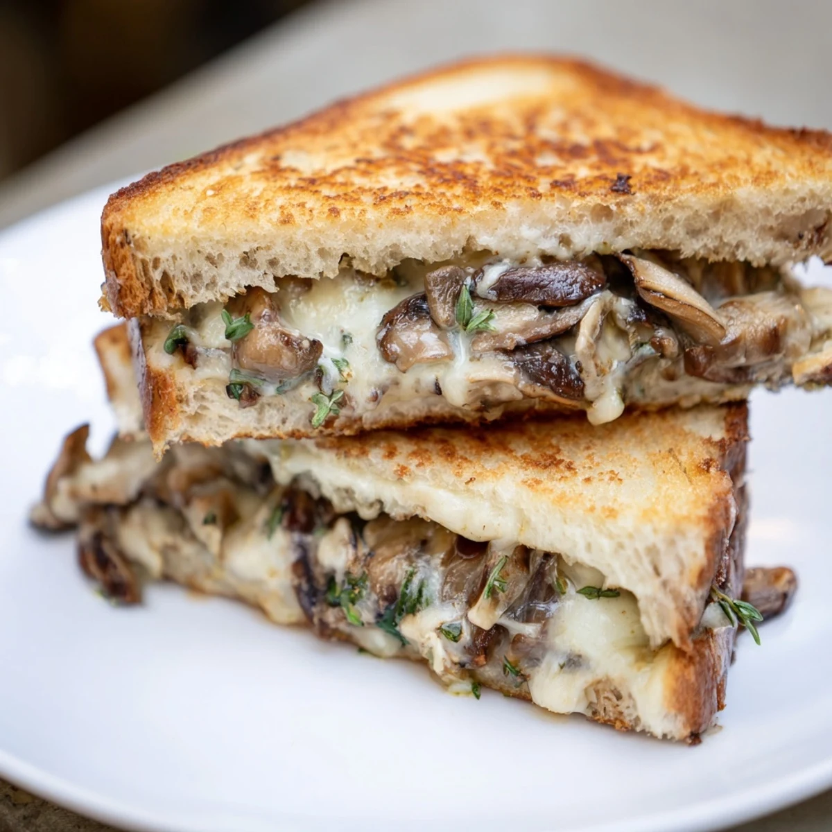 A close-up of a Roast Garlic Mushroom & Thyme Grilled Cheese, showing the crispy golden bread and filling.