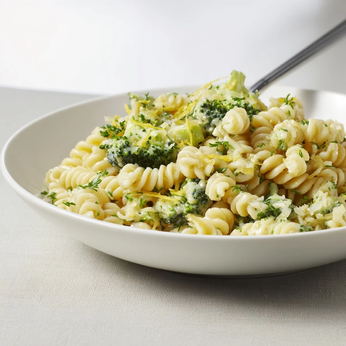 A creamy, vibrant view of Green Goddess Broccoli Cheddar One-Pot Pasta, ready for a satisfying vegetarian meal.