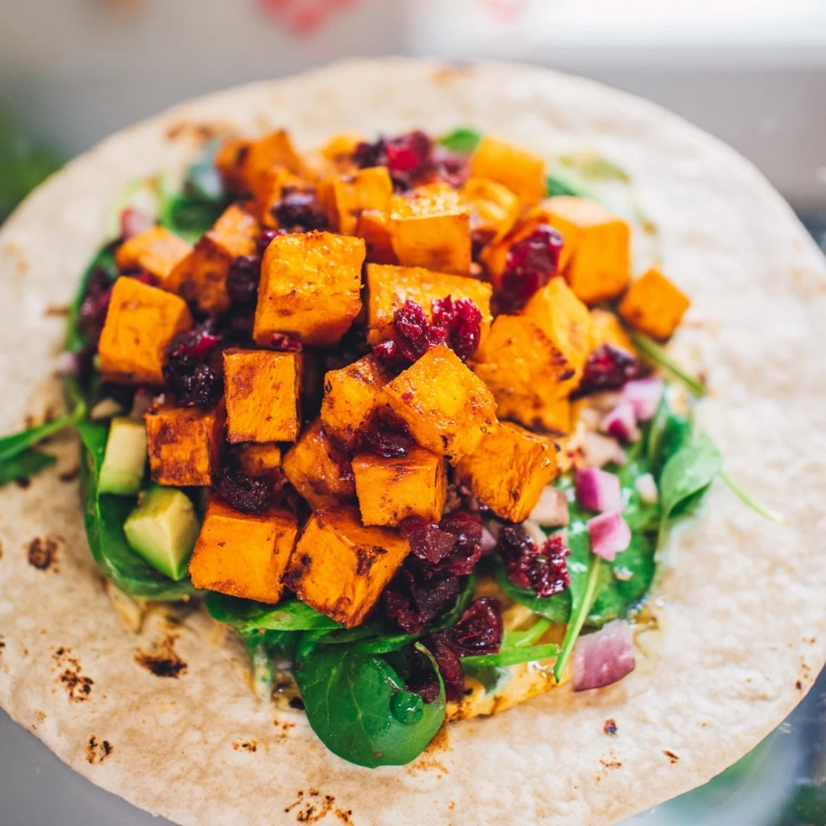 Warm, colorful Roasted Sweet Potato & Black Bean Holiday Wrap, ready to serve with lime wedges.