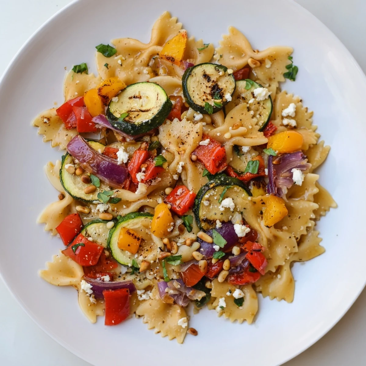 Vibrant Festive Bow Tie Pasta Platter, a colorful dish with roasted vegetables, ready to serve and enjoy.