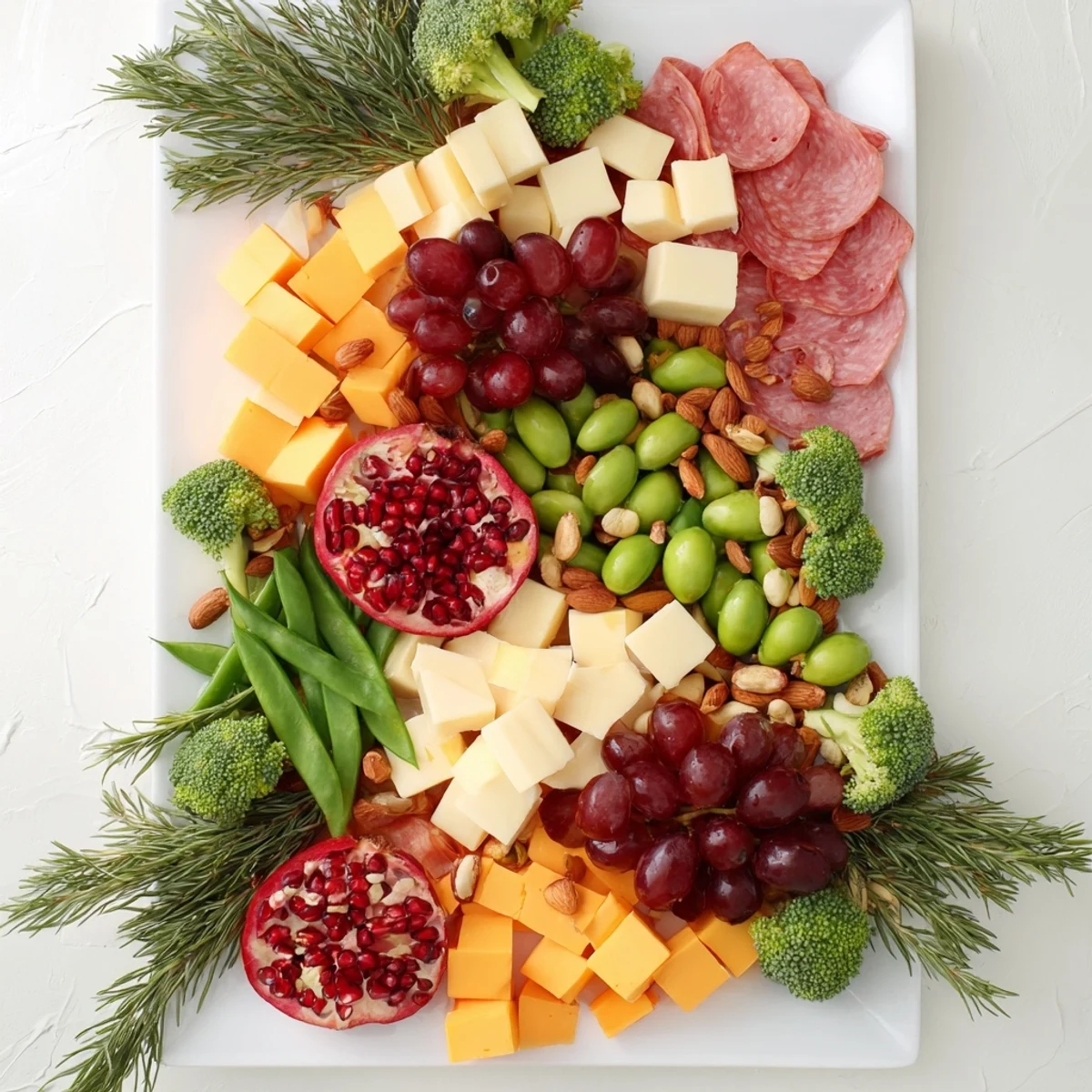 Festive Evergreen Tree Snack Board featuring colorful cheeses, meats, and fresh fruits for holidays.