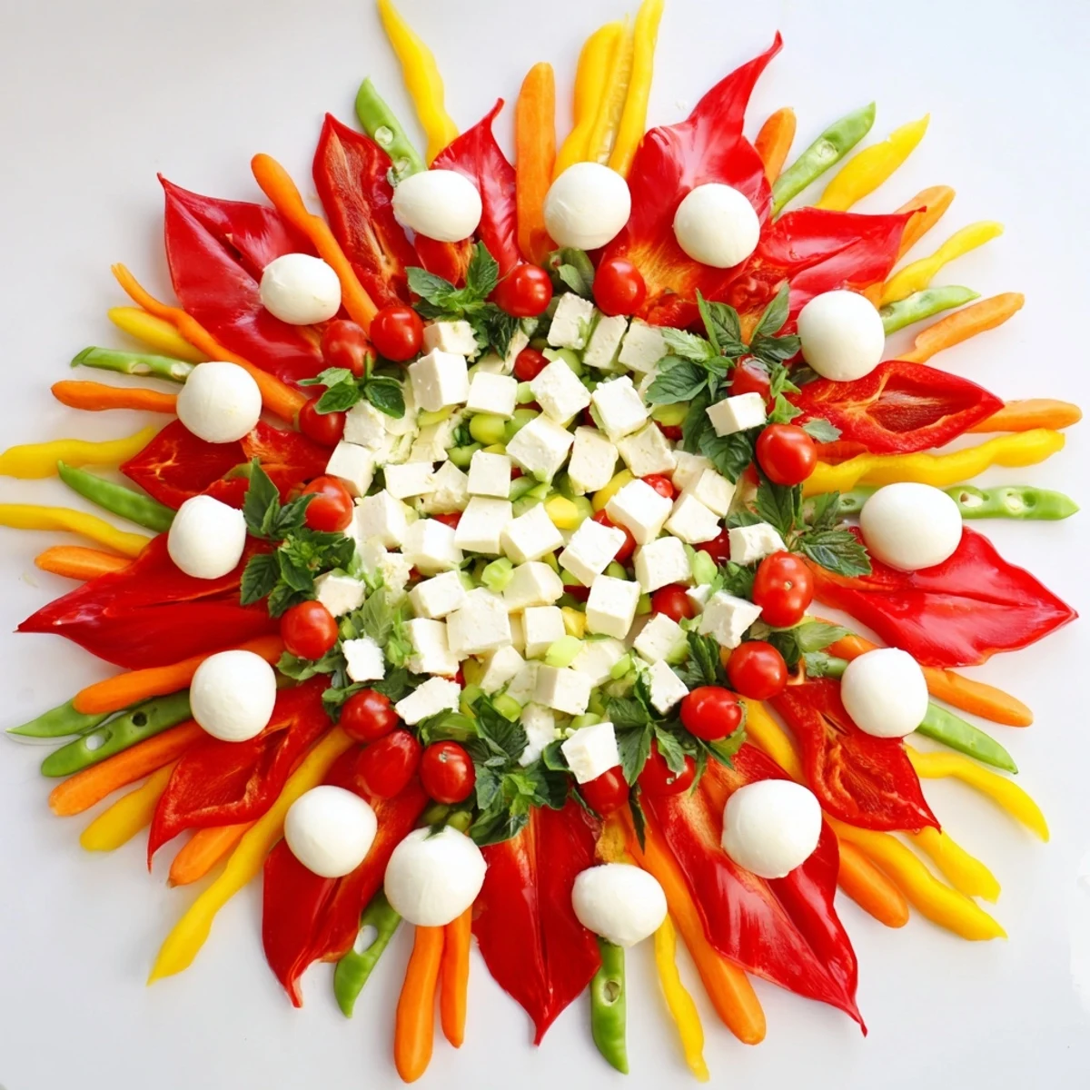 Colorful Festive Poinsettia Platter appetizer, featuring vibrant fresh veggies, cheeses, and dips.