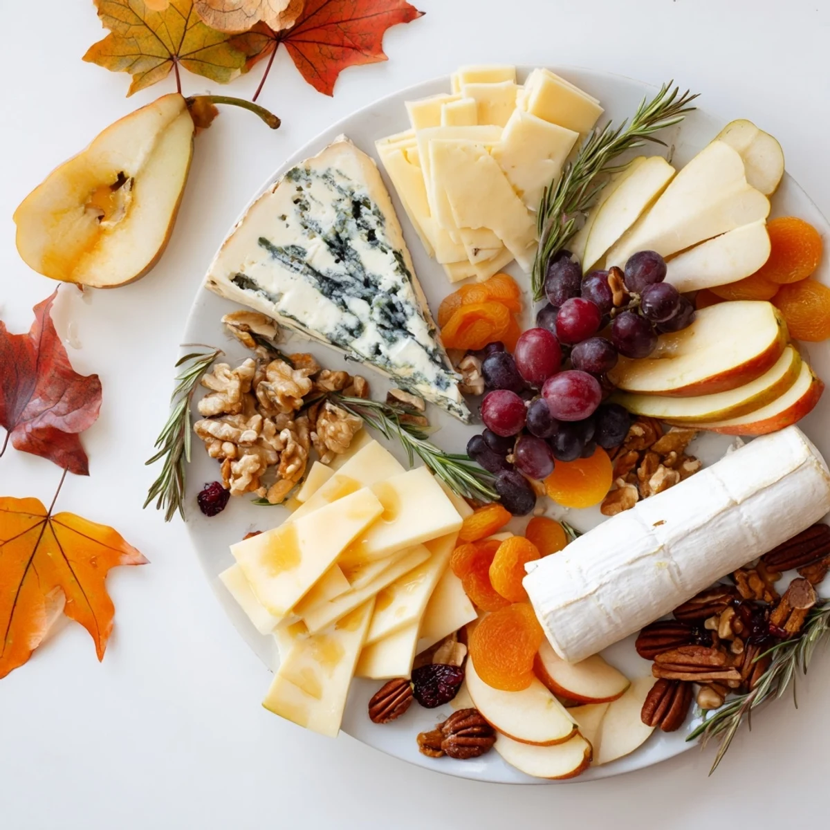 A gorgeous Autumn Leaf Cheese Platter overflowing with creamy brie, cheddar, and sweet grapes, ready to share.