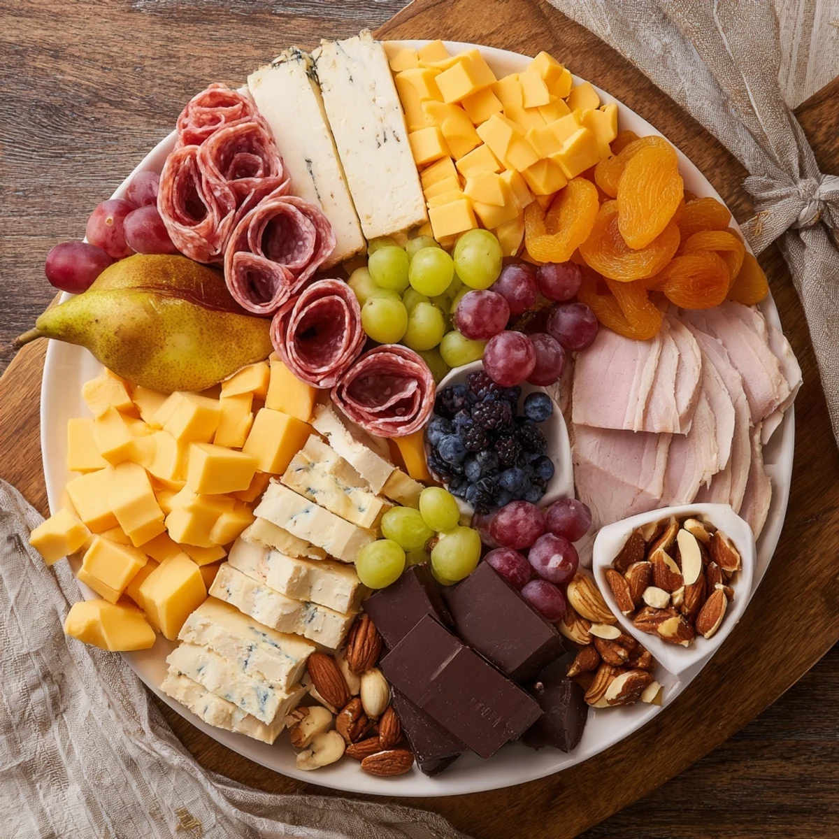 Winter Wonderland Grazing Tray overflowing with colorful fruits, cheeses, meats, and festive garnishes for a holiday snack.