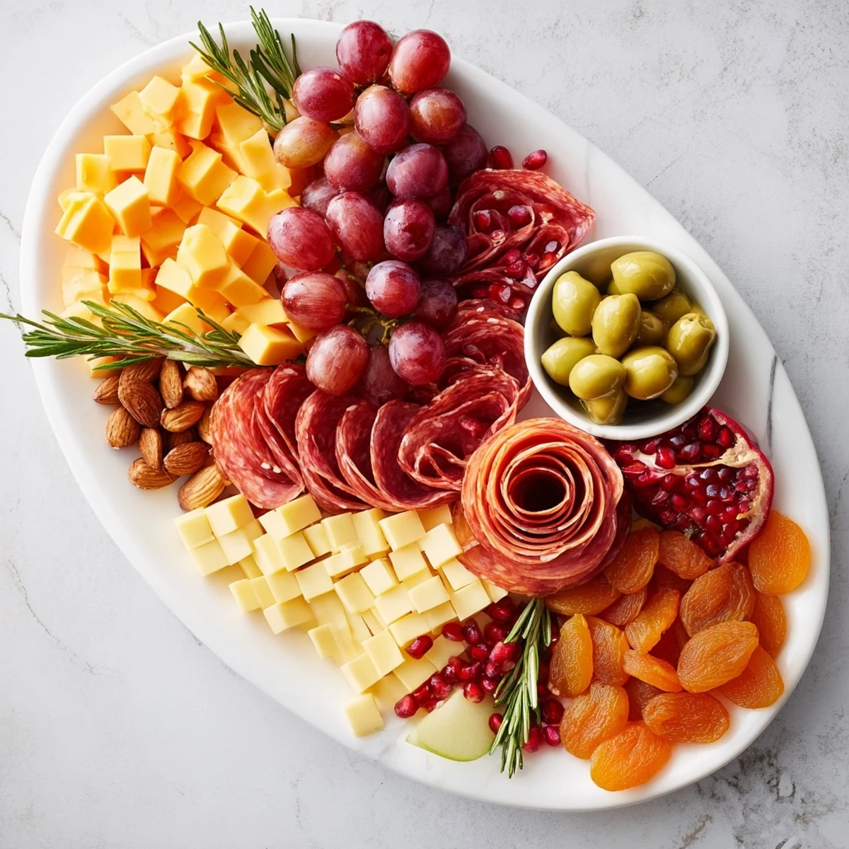 Holiday Bow Appetizer Platter arranged festively, featuring colorful cheese, meats, fruits, and crackers perfect for parties.
