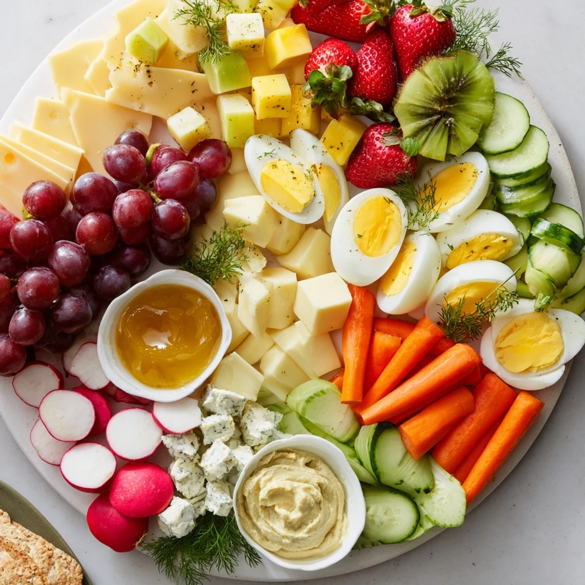 An appetizing Easter Egg-cellent Brunch Board with colorful eggs, cheeses, fruits, and tasty crackers.