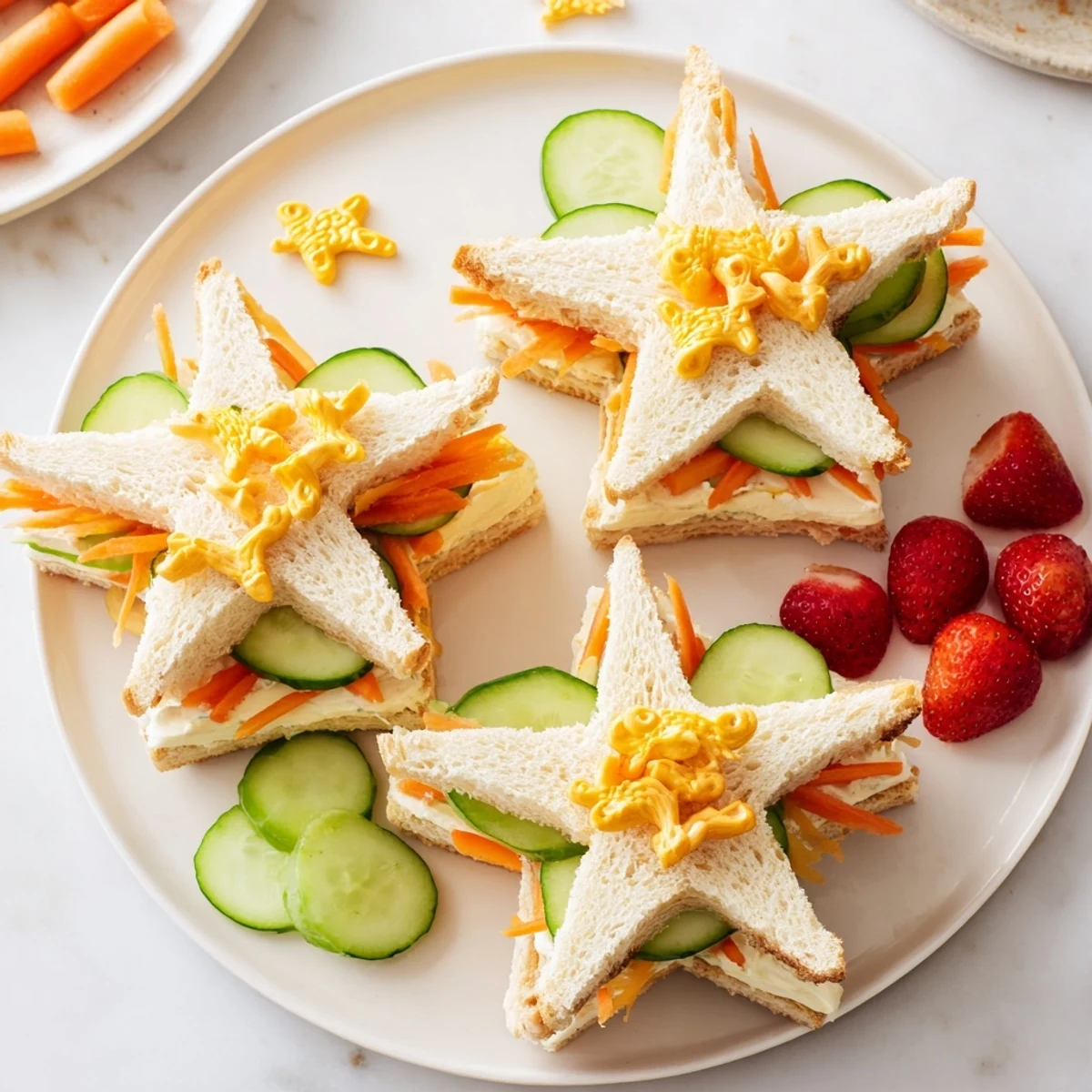 Beach Day Starfish Snack Spread: a platter with colorful starfish sandwiches and fresh, tasty fruit.