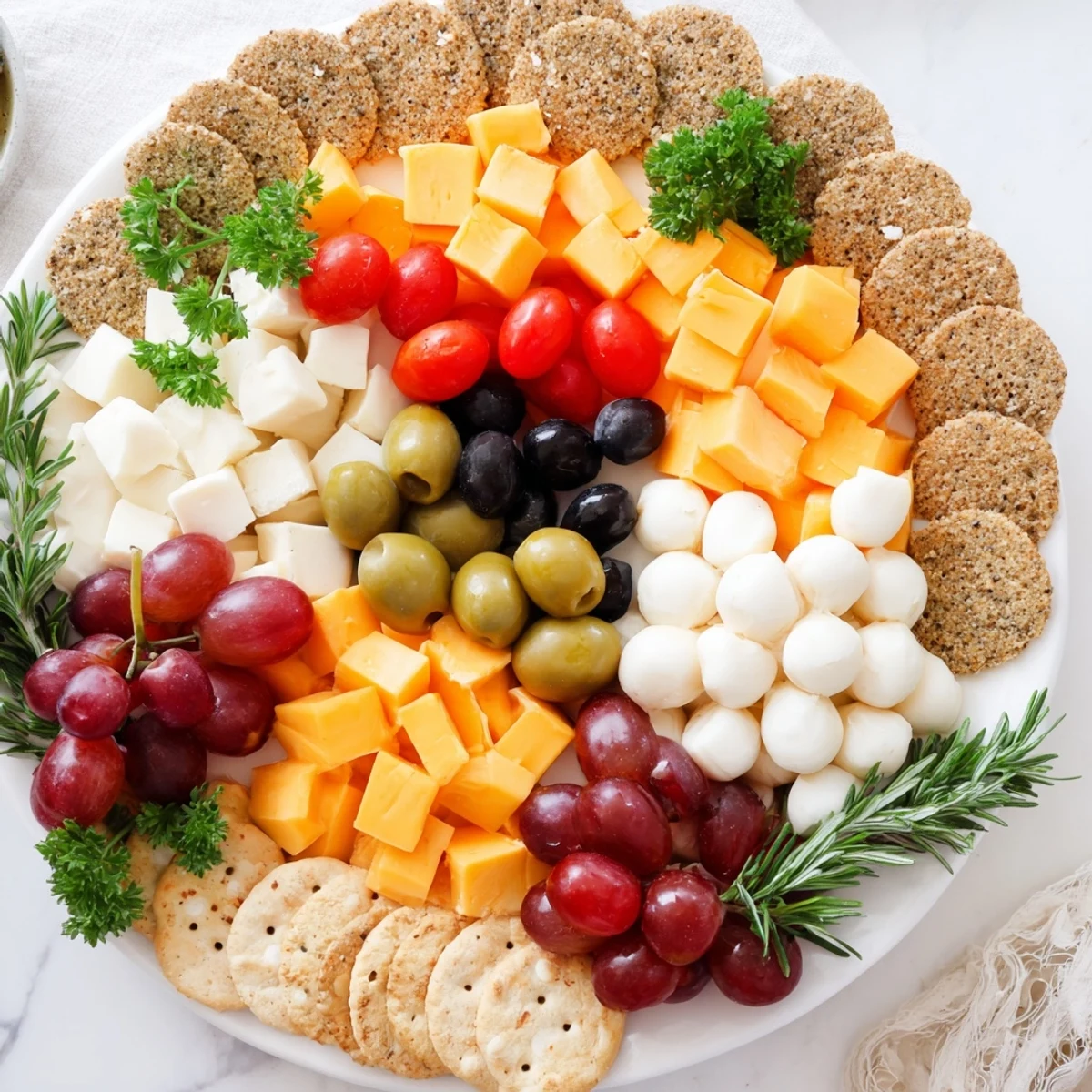 Jingle Bell Cheese & Cracker Wreath: a vibrant, festive appetizer wreath overflowing with delicious cheeses and crackers.