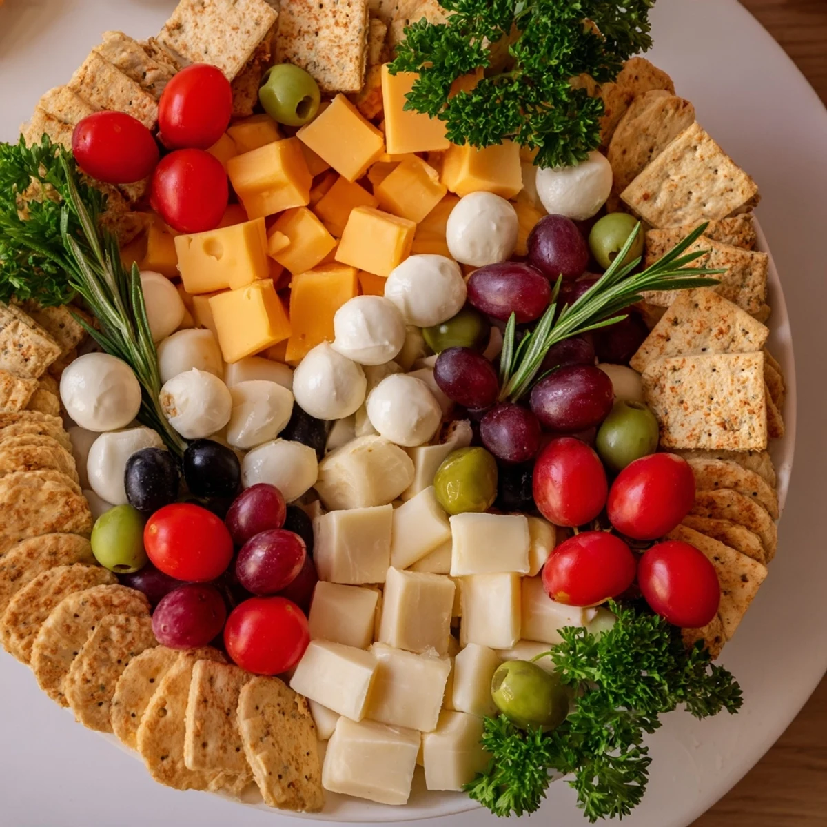 A beautifully arranged Jingle Bell Cheese & Cracker Wreath, a colorful and tasty holiday appetizer for everyone to enjoy.