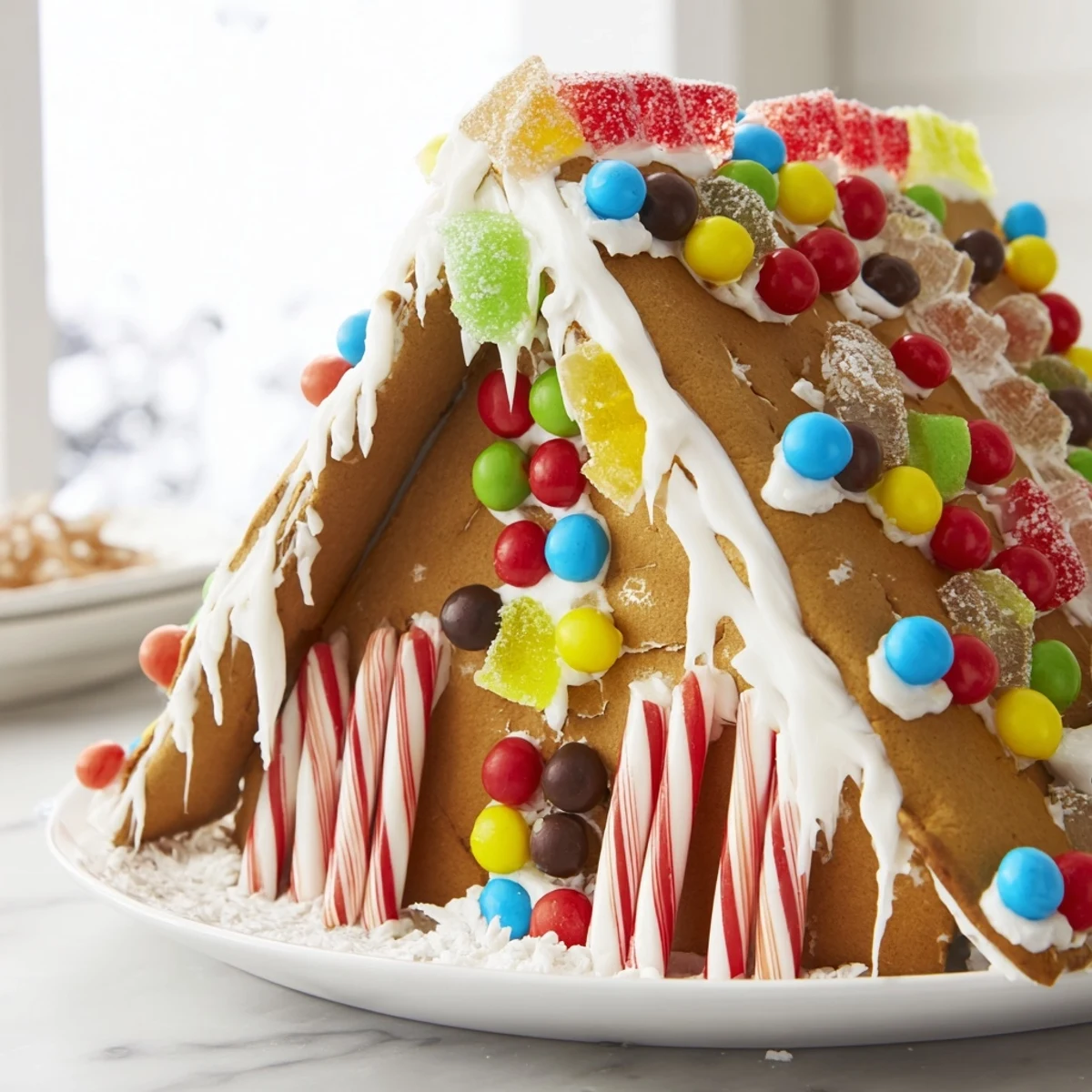 Festive and delightful, a fully decorated Gingerbread House features candy canes and snowy details.