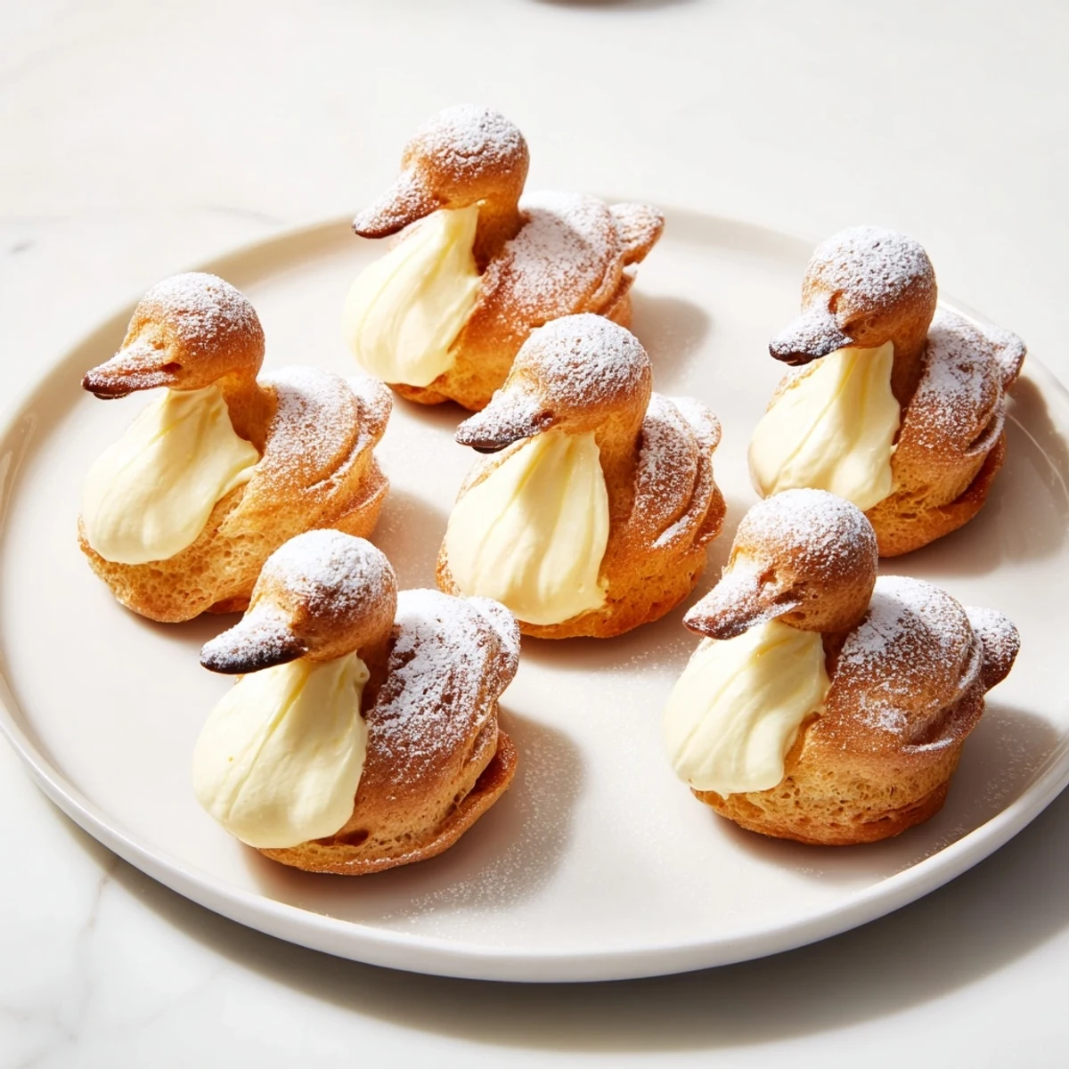 Delicate Elegant Swan Mini Pastries, golden brown and filled with creamy vanilla, ready to eat.