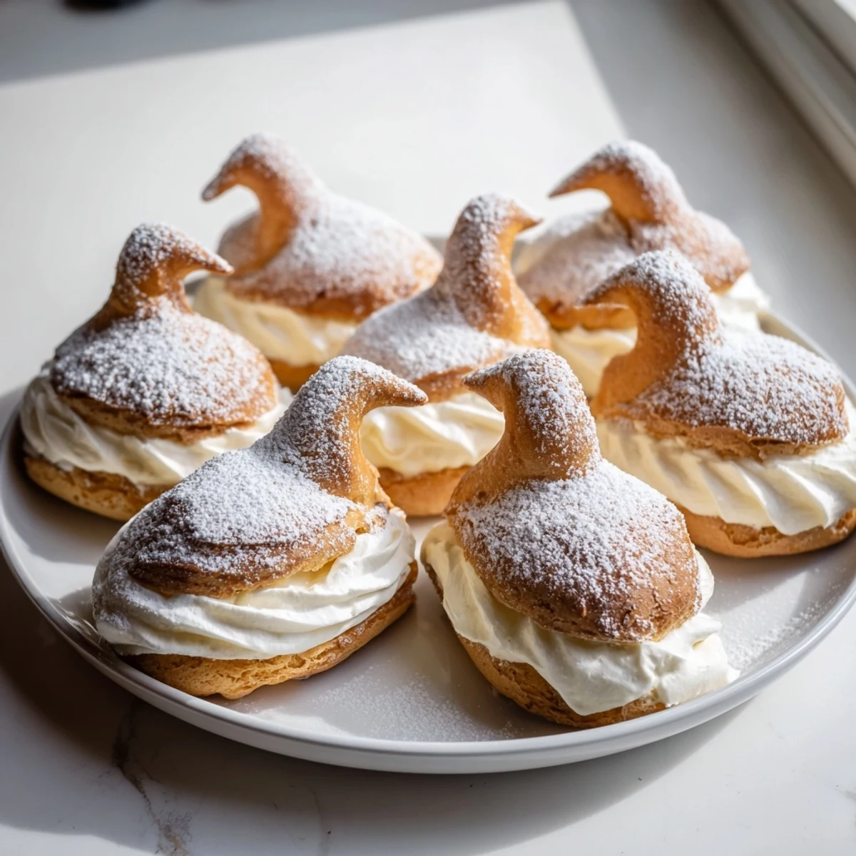Fluffy Elegant Swan Mini Pastries, lightly dusted with powdered sugar, show a light and airy texture.