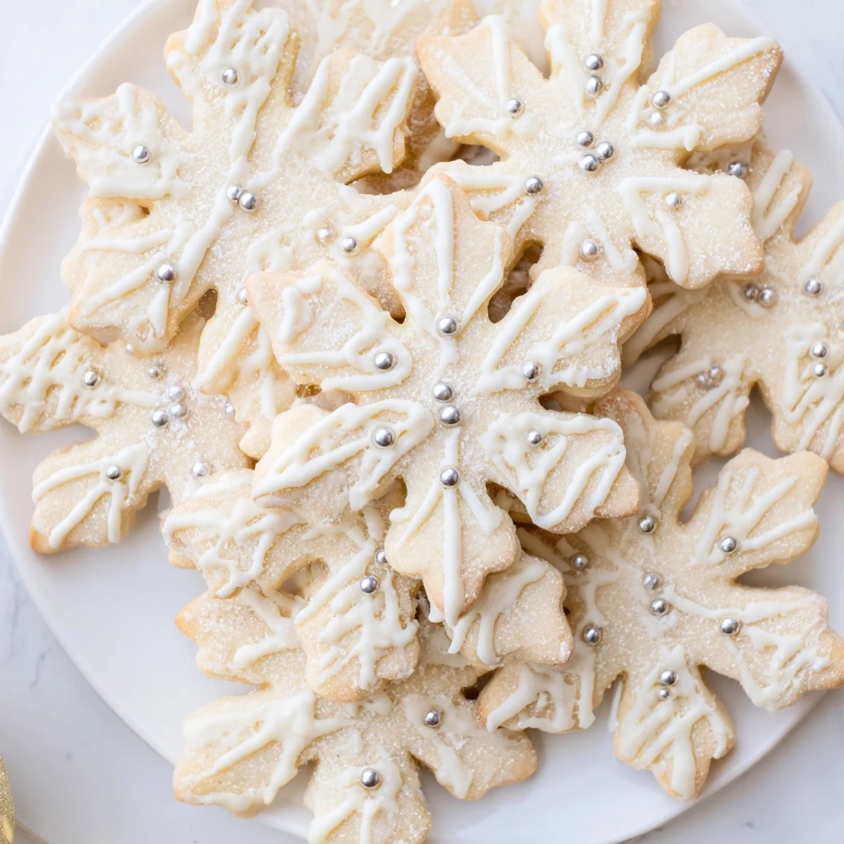 A beautifully arranged Winter Snowflake Platter featuring delicate, snowflake-shaped cookies and dusting.