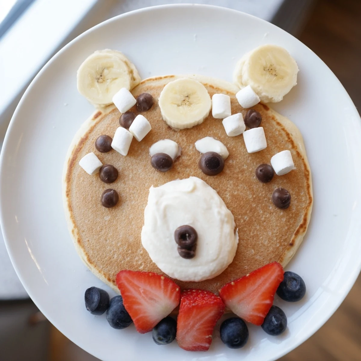 Fluffy polar bear pancake stack board: a cheerful brunch scene with fruit and creamy toppings.