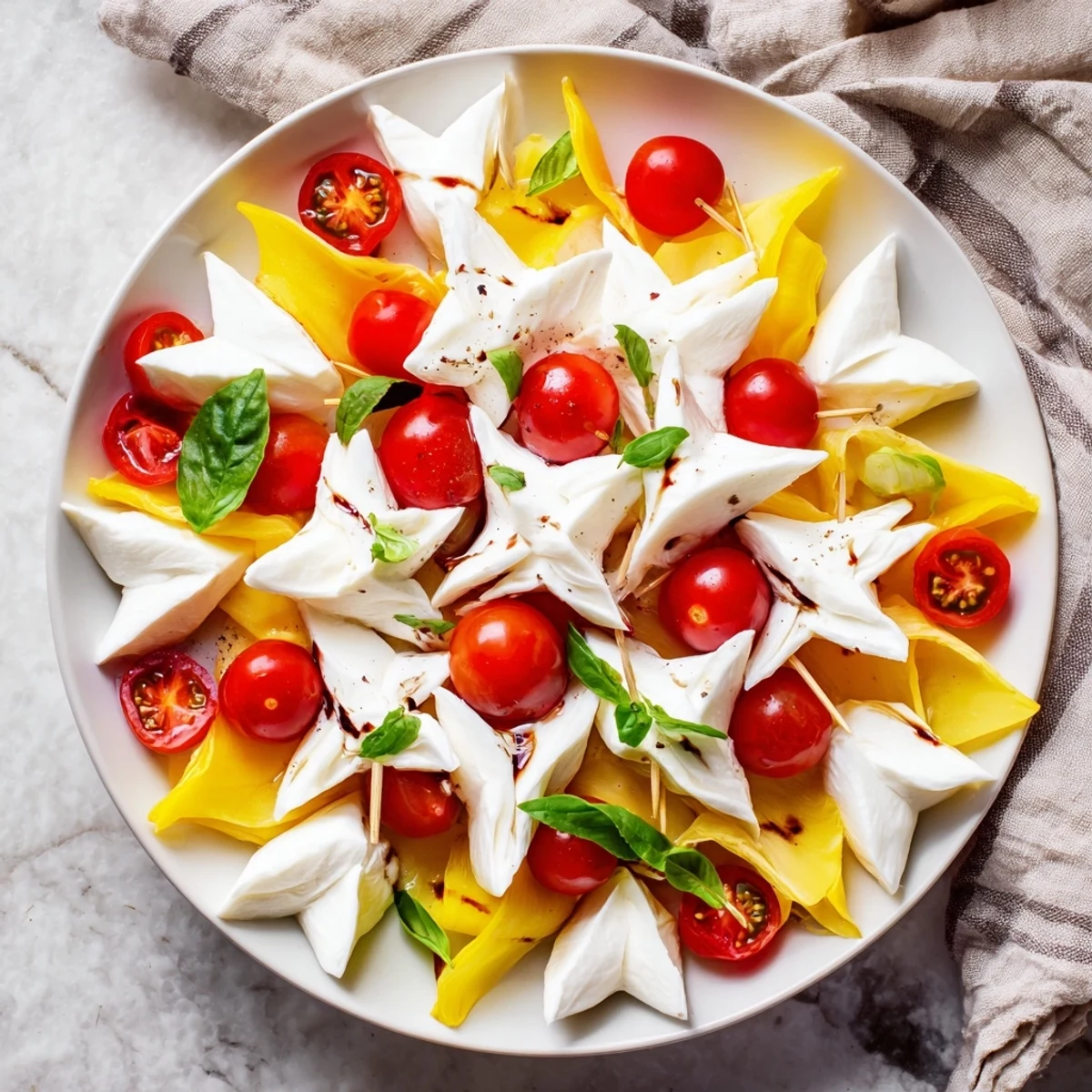 Star-shaped Caprese skewers: vibrant cherry tomatoes, creamy mozzarella stars, and fresh basil, ready to eat.