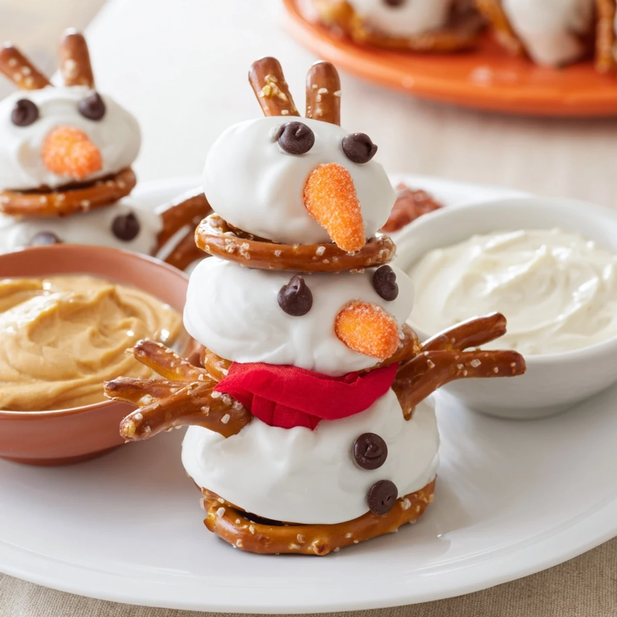 Snowman pretzel and dip platter arranged with pretzel snowmen and creamy dips for festive snacking.