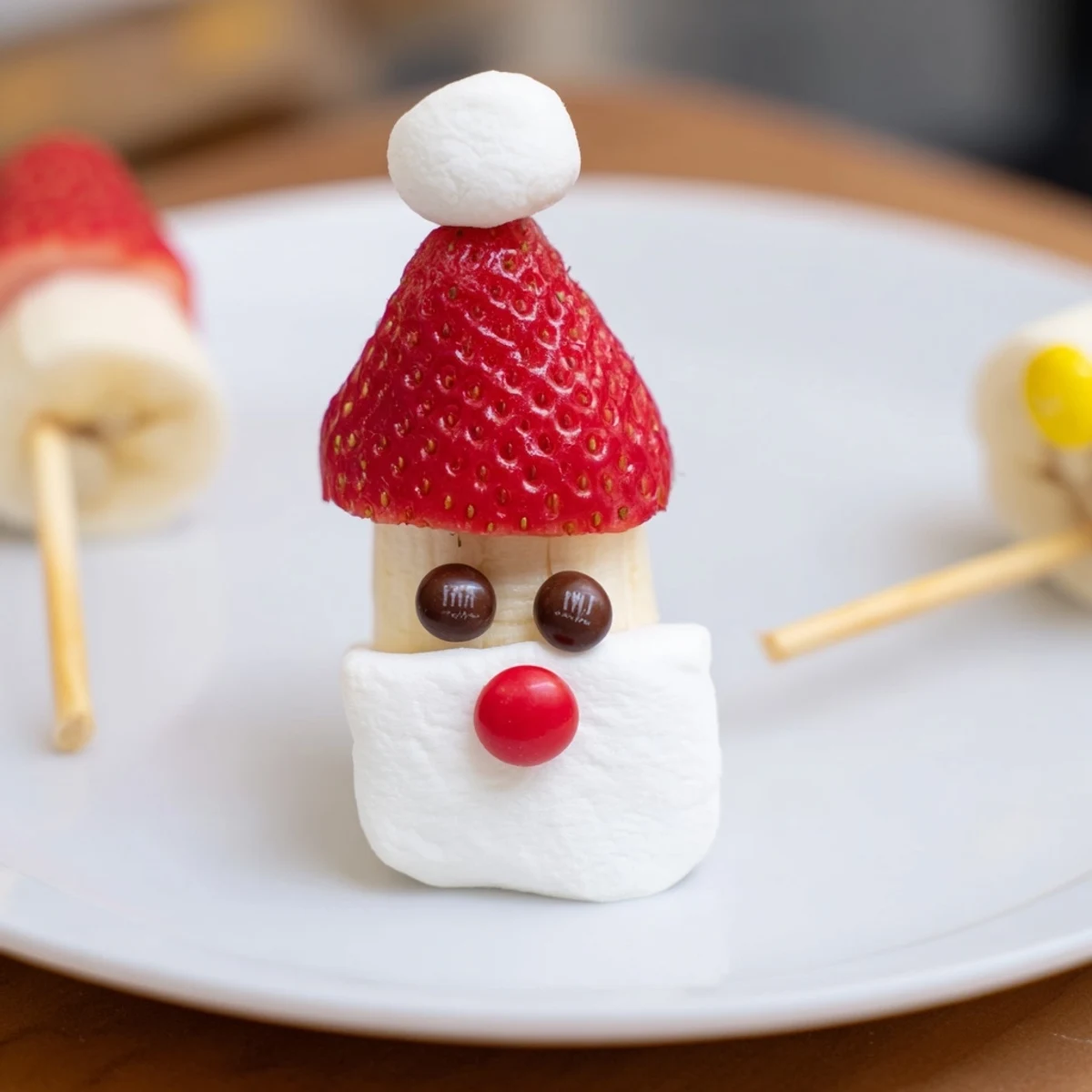 Close-up of vibrant Banana Santa Snack Sticks; festive, sweet fruit skewers for a holiday treat.