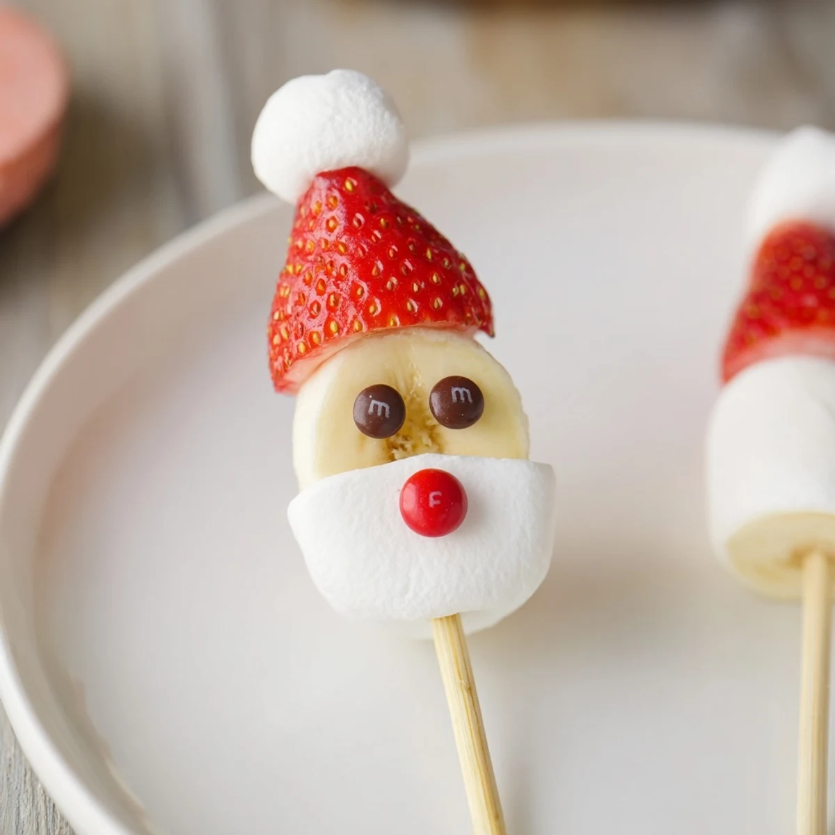 Healthy and fun, a colorful plate of Banana Santa Snack Sticks featuring marshmallows and festive faces.