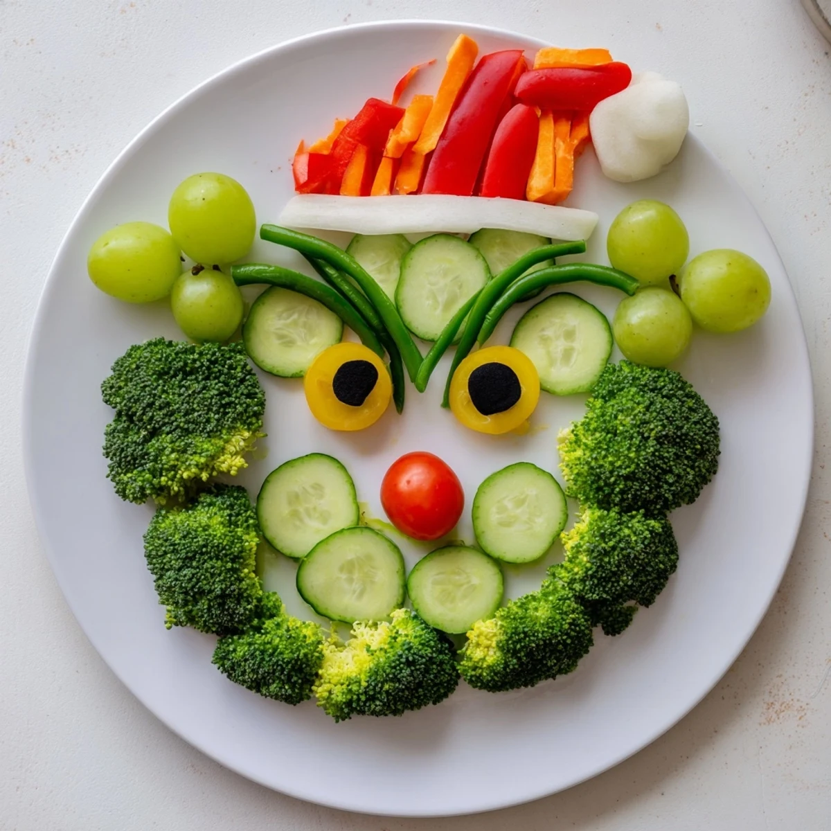Festive Savory Crudités: a whimsical Grinch face veggie platter with colorful vegetables ready to enjoy.