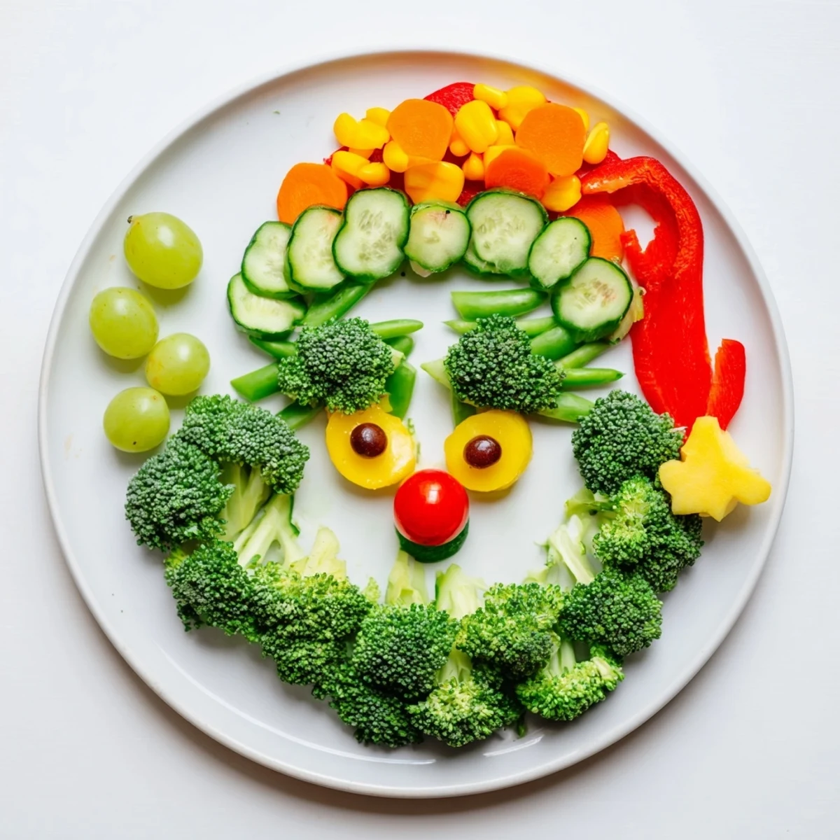 Vibrant Savory Crudités arrangement: a fun Grinch face made with crunchy vegetables, ideal for kids’ parties.