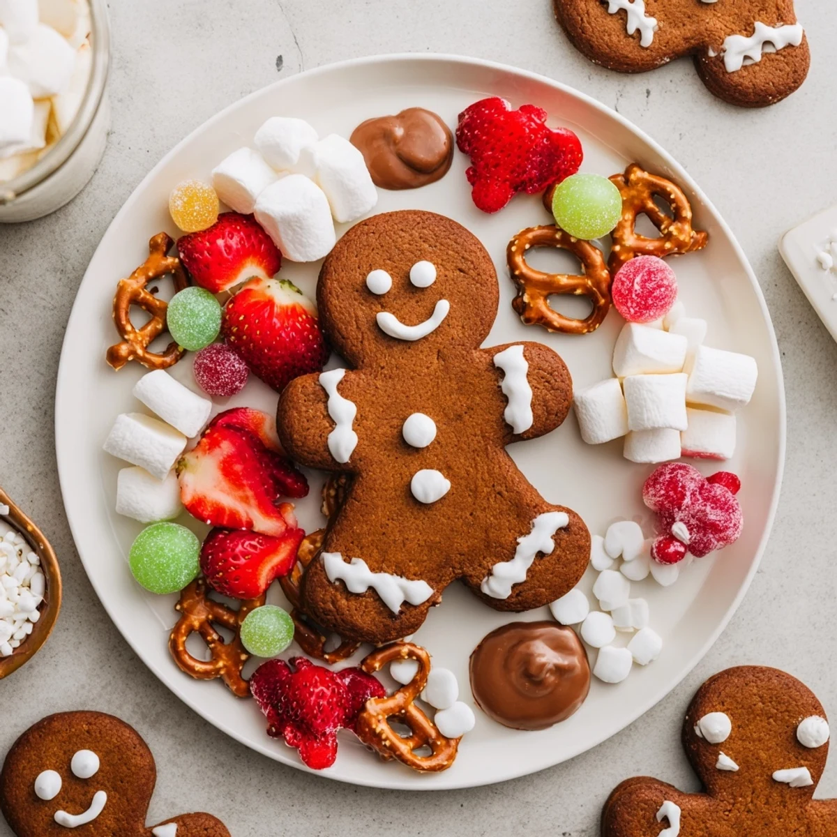 Warm gingerbread man cookies with white royal icing are surrounded by candies, perfect for sharing.