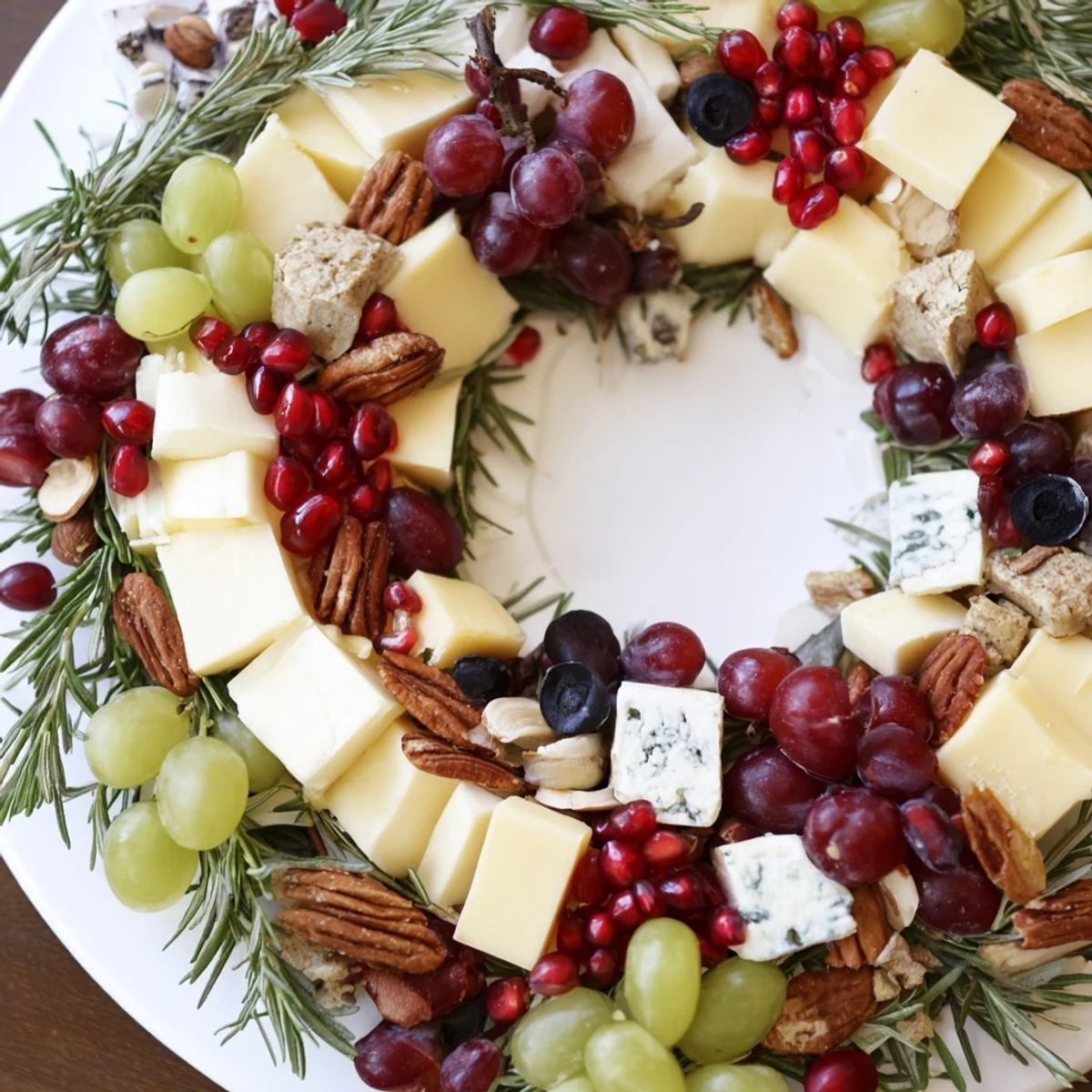 Holiday Wreath Cheese Ring adorned with grapes, olives, and nuts, ready to serve as a festive appetizer.