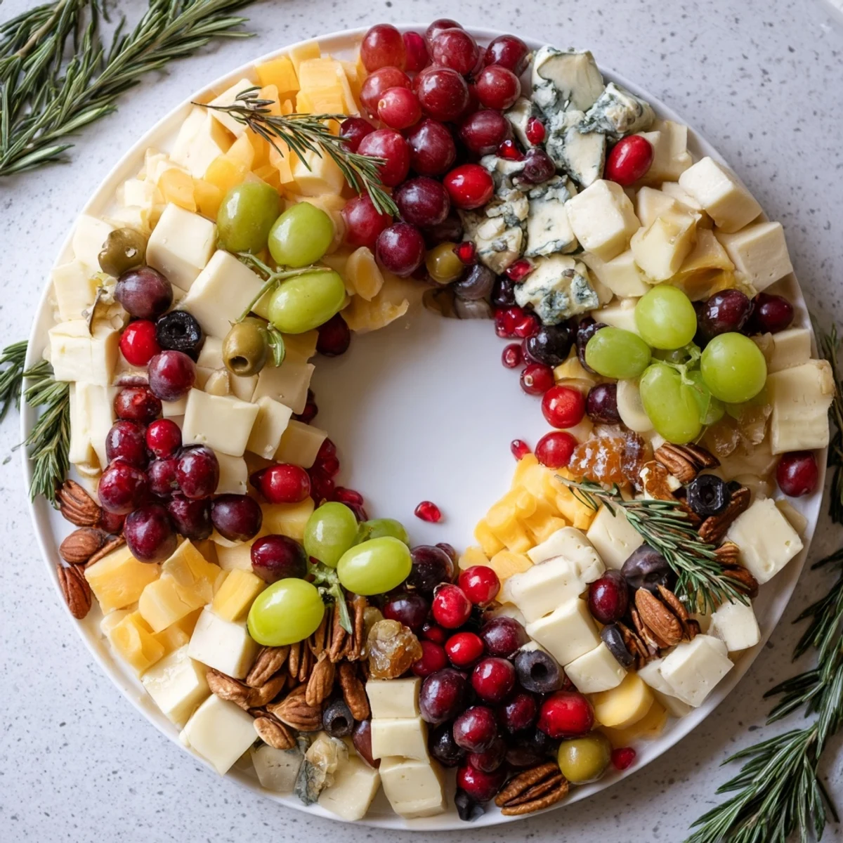 This Holiday Wreath Cheese Ring displays colorful cheeses among rosemary sprigs, perfect for holiday entertaining.